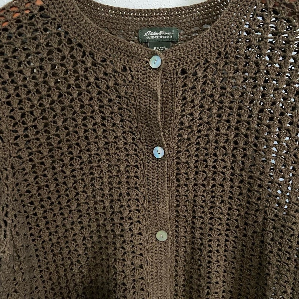 Vintage Eddie Bauer Hand Crocheted Linen Cotton Blend Cardigan - Picture 5 of 7